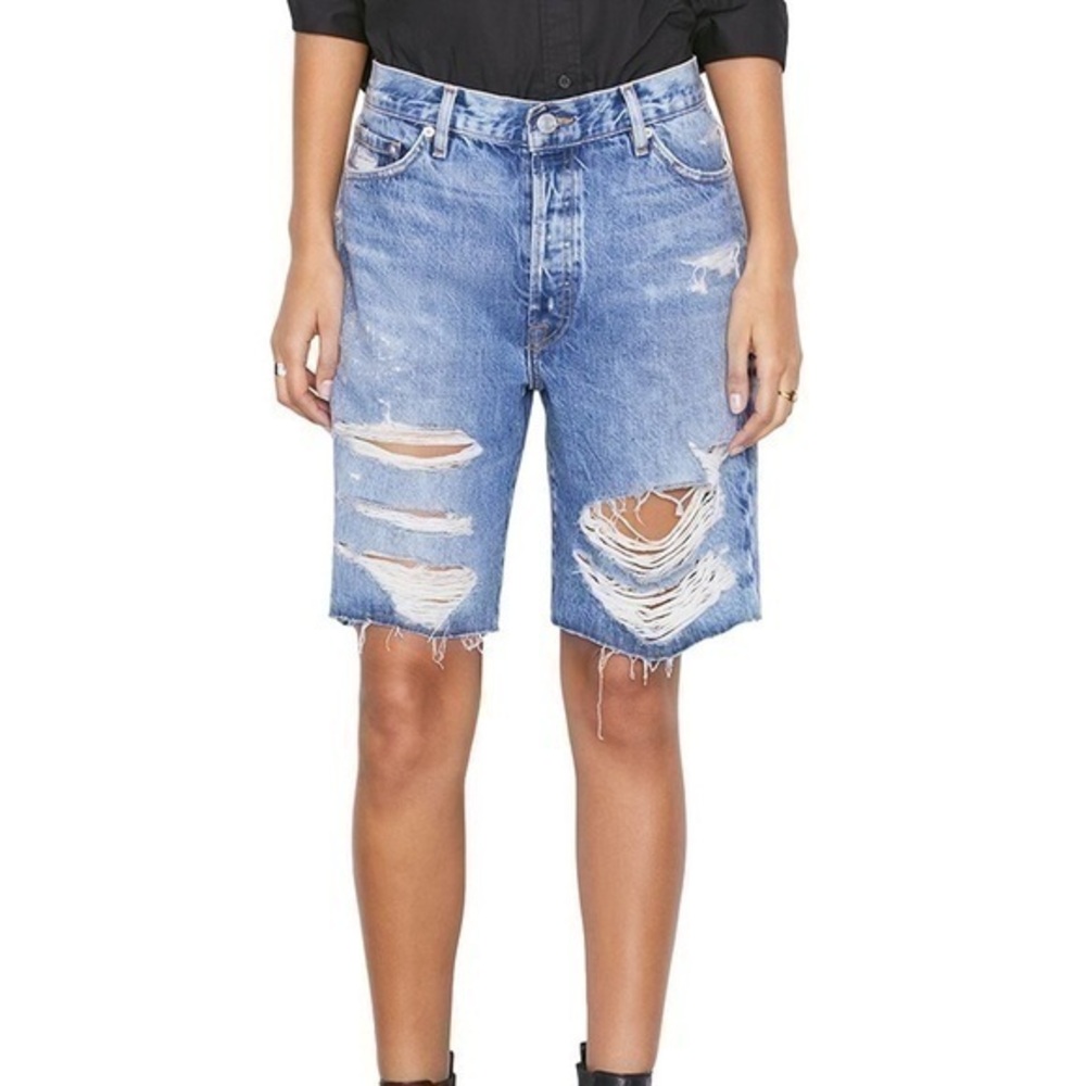Frame Le Slouch Bermuda Riverrun Distressed High Rise Denim Jean Shorts Size 25